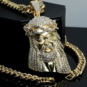 Men's Large Religious Jesus Head Religious CZ Pendant & 10mm 18" 20" 24" 30" Cuban Chain Hip Hop Style Necklace Jewelry
