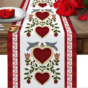 Valentine's Day Vintage Heart Flower Red Striped Table Runner for Kitchen Dining Coffee Table Decor Farmhouse Party Holiday Dinner