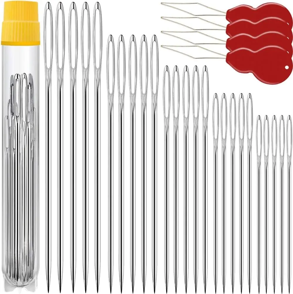 50 Pack Premium Large Eye Needles for Hand Sewing with Needle Threaders, Assorted Sizes, Embroidery Needles for Hand Sewing, Sewing Needles Large Eye, Big Eye Needle