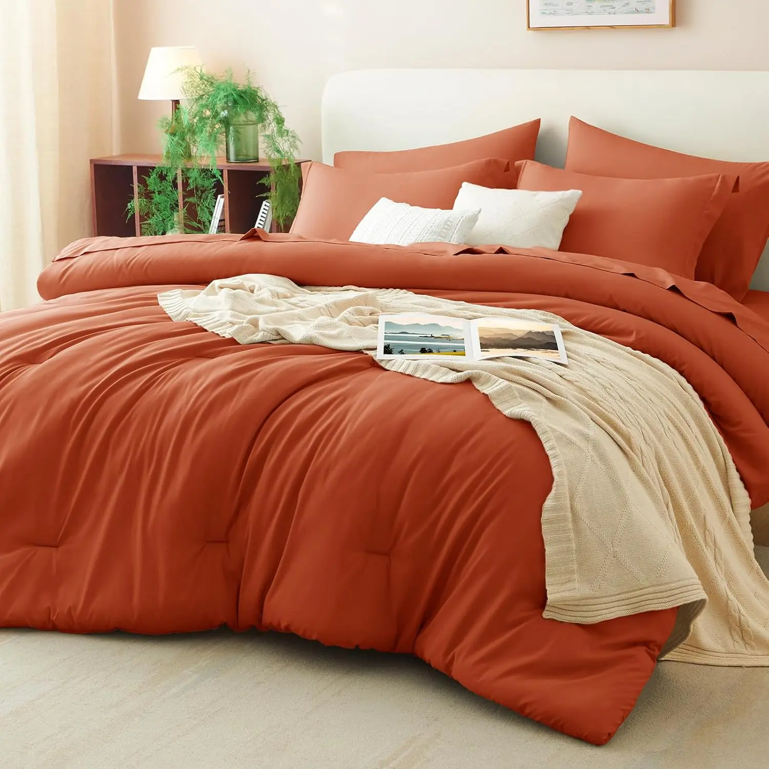 King Size Comforter Set Burnt Orange, 7 Pieces Fall Bed in a Bag King Comforter Set with Sheets, Terracotta Luxury Soft Bedding Set with Down Alternative Comforter, Sheets, Pillowcases & Shams