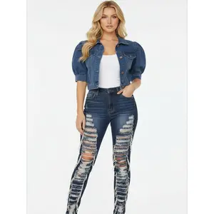 1set Women's High Waisted Ripped Jeans Distressed Skinny Denim Pants Frayed Hem Stretchy Trousers +Women Fashion Streetwear Coat Single Breasted Short Sleeve Casual Outerwear For Women Cropped Denim Jacket