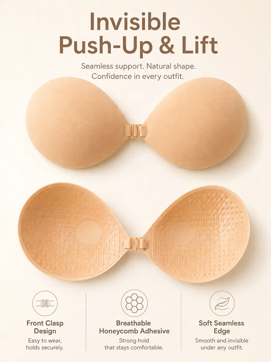 Sticky Bra for Women, Invisible Silicone Strapless Backless Push-Up Adhesive Bra with Front Clasp, Reusable Seamless Wireless Lift Bra in Nude for Formal Dresses, Low-Cut Tops & Special Occasions