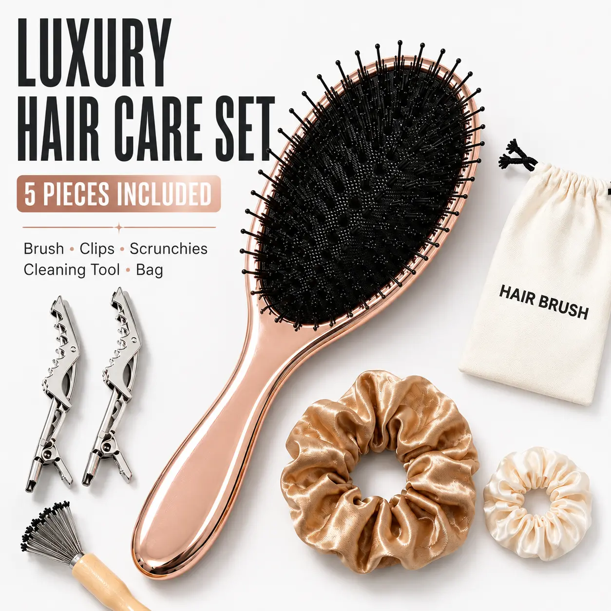 Boar Bristle and Nylon Hair Brush Set for Women, Anti-Frizz Detangler for Thick, Long Hair, Rose Gold with Comb and Storage Bag, Boar Hair