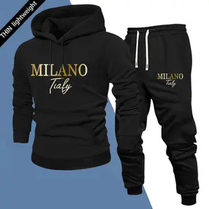 Men's fashionable casual hooded sweatshirt and sweatpants set, featuring Milan letter print pattern. This lightweight two-piece outfit for men is perfect for spring and autumn, suitable for street style, outdoor activities, and camping.