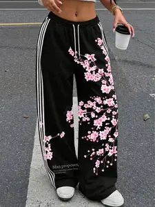 Women's Baggy Black Sweatpants Cherry Blossom Sakura Print Sporty Side Stripe Wide Leg Joggers High Waist Drawstring Y2K Streetwear Trousers