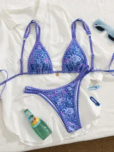 Two-piece Set Women's All Over Print Bikini Set, Fashion Chic Swimsuit for Beach Holiday Vacation, Ladies Summer Clothes, Tie Side Bikini