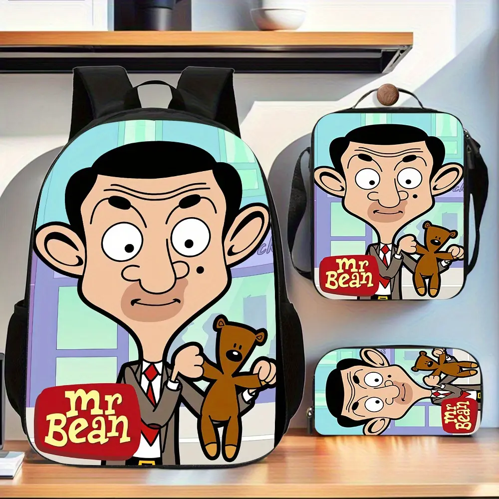 Kids' Cartoon Graphic Backpack Set, 3-Piece Synthetic Mr. Bean School Bag with Insulated Lunch Box & Pencil Case, Lightweight Daypack with Zipper, First Day Of School, Holidays, Character-Themed Backpacks, Back To School Haul, Campus Life