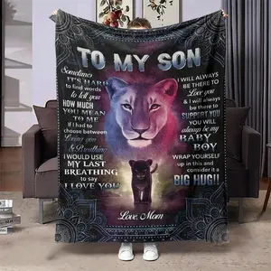 To My Son Letter Pattern Blanket, 1 Count Soft Comfortable Lion Pattern Throw, Air-conditioned Room Blanket, Warm Nap Blanket for Home Office, Gift for Son, Slogan Print Blanket