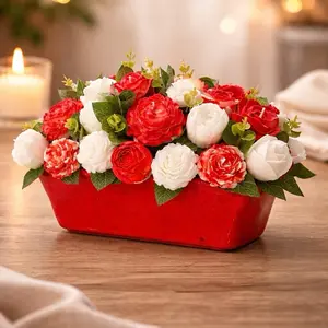 Rosie Handcrafted Floral Candle Decorative | Elegant Aromatic Gift | Red & White Roses in Red Container | Perfect for Home Decor