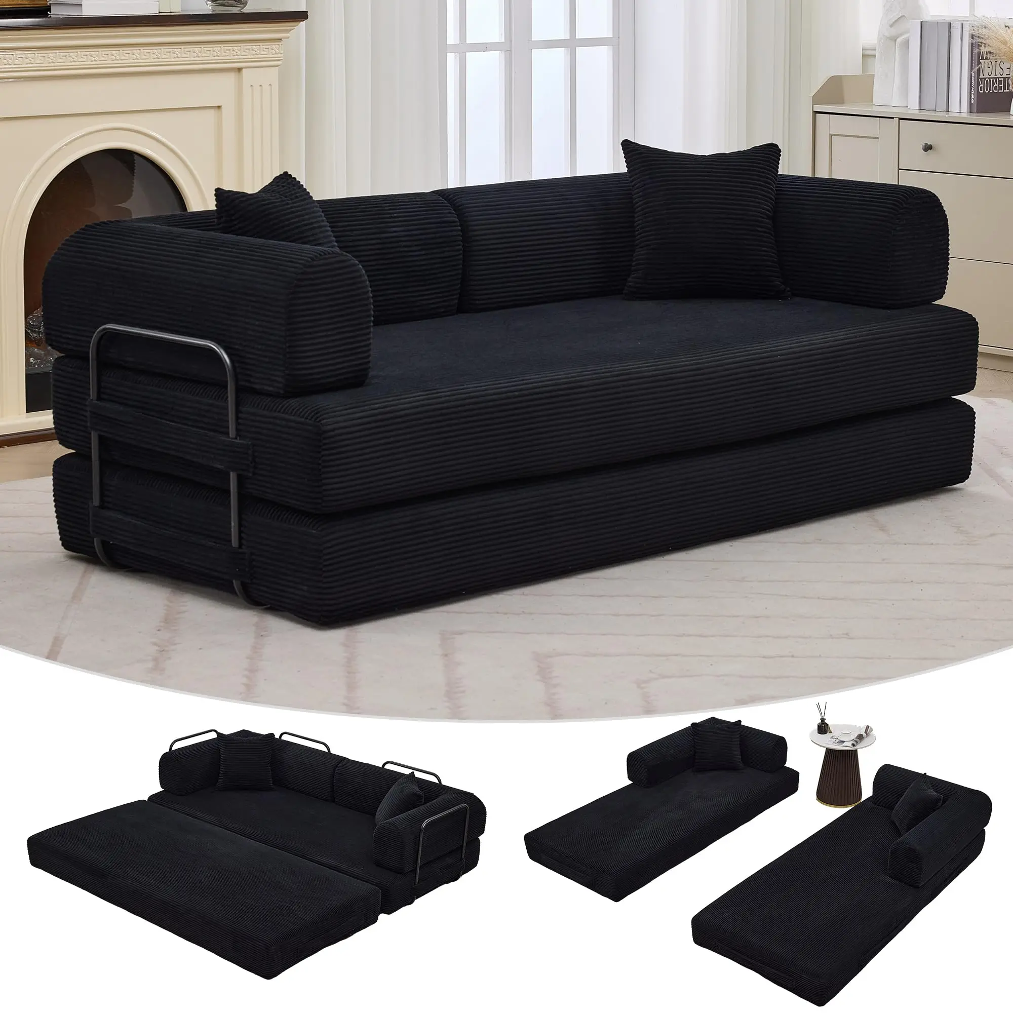 Convertible Corduroy Sofa Bed No Assembly Required 4 in 1 Floor Couch Lounger King Size Sleeper Sofa with Pillows 1200lb Heavy Duty Deep Seat Folding Guest Bed Memory Foam Mat Futon Sofa Bed for Living Room Apartment Dorm