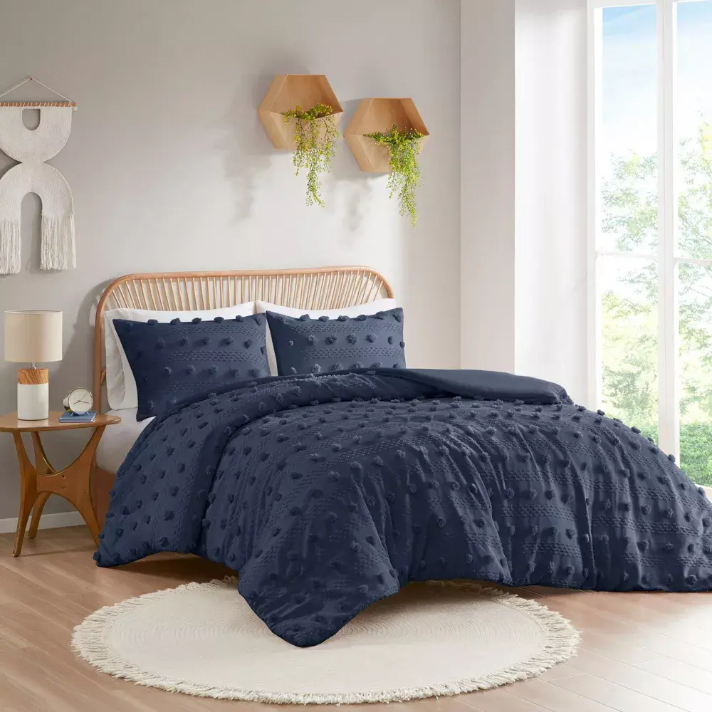 Intelligent Design 2pc Twin/Twin Extra Long Elise Clip Jacquard Duvet Cover Set Navy: Modern Polyester Bedding Set with Inner Ties