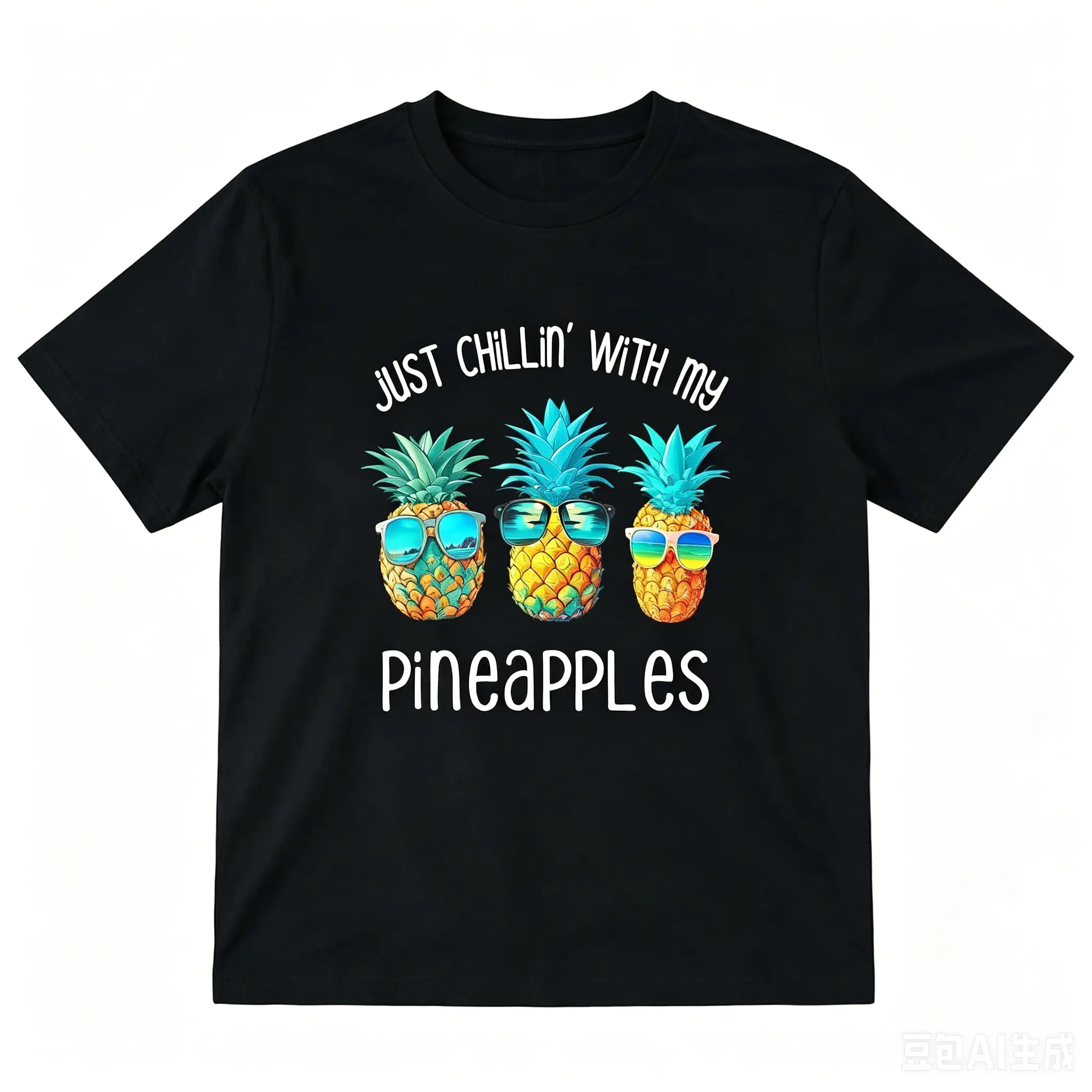 Men's 100% Cotton Soft Round Neck Short-Sleeve T-Shirt - Hawaii-Themed Graphic 3 Pineapples Sunglasses Chillin Print, Breathable Casual Hawaiian Tropical Summer Streetwear Top, Hawaii-Themed Graphic Men's Short-Sleeve T-Shirts