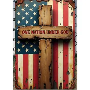Vintage Embossed Tin Sign 8x12 Inches Rustic Wooden Cross One Nation Under God American Flag Metal Decor for Patriotic Home Porch Garage Bar Club Farm and Garden Decoration