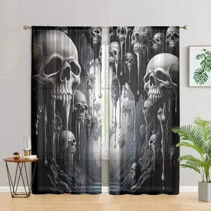 Horror Skull Printed Curtains, Window Drapes, Scary Halloween Decorations, Pole Pocket Style, Semi Sunshade Polyester Fiber, Easy to Clean, Suitable for Home Windows