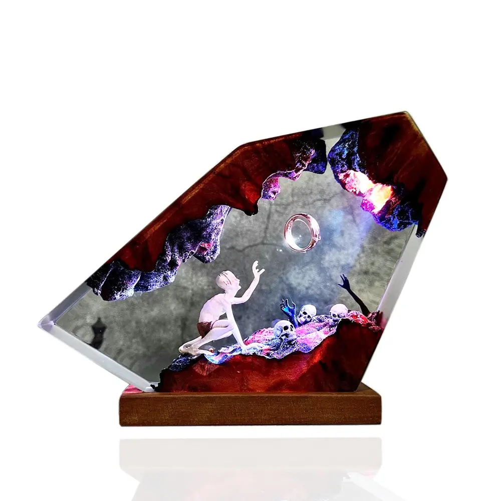 Epoxy Resin Lamp, Dark Lord Ring, Handcrafted Solid Wood Resin LED Night Light USB Port, Bedroom Bedside Decor, Ambient Light with Color Lights Creative Gollum Resin Lamp Gifts, Birthday/Christmas Gift for Boyfriend