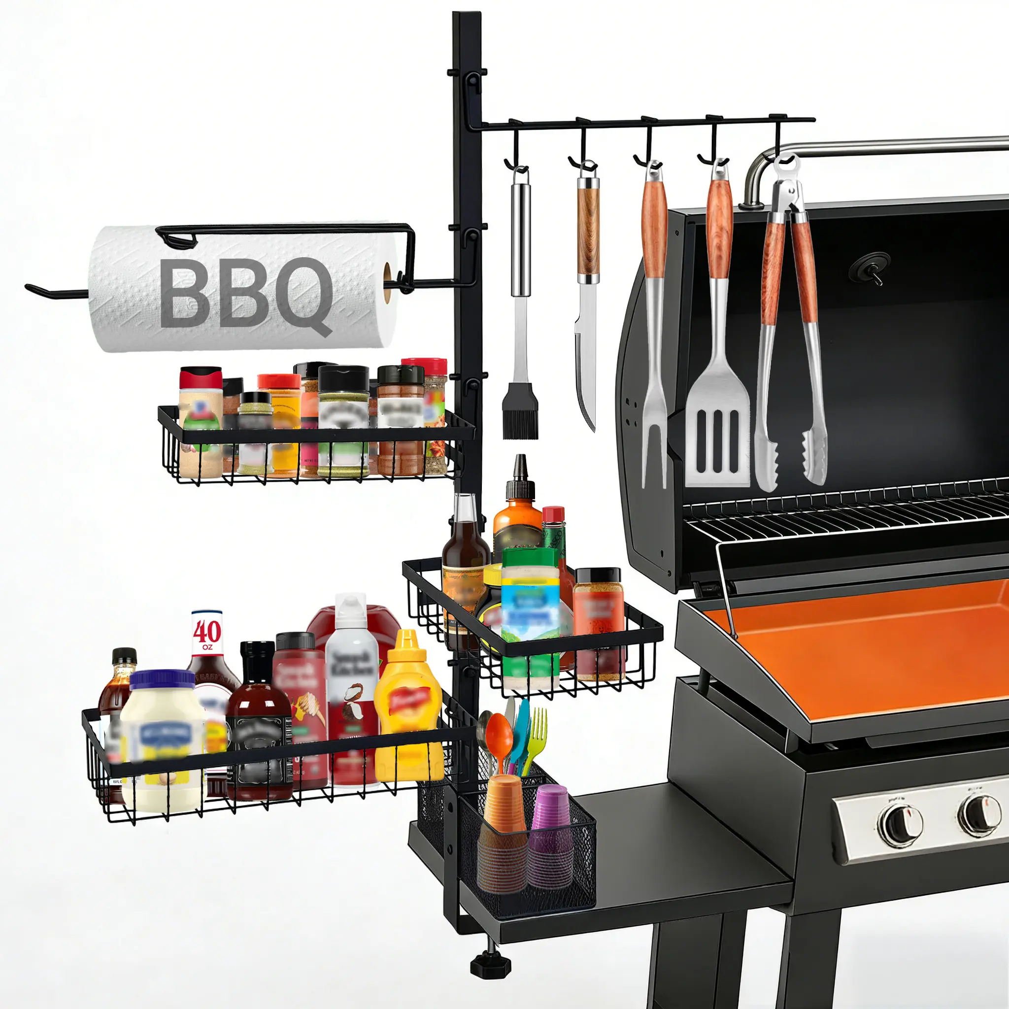 Blackstone Powder Coated Steel All-in-1 BBQ Grill Organizer - Grilling Accessories with Paper Towel Holder, Utensil Hooks, Condiment Basket - Ideal for Backyard BBQ, Camping, Gifts for Husbands Dads, Bbq Tools