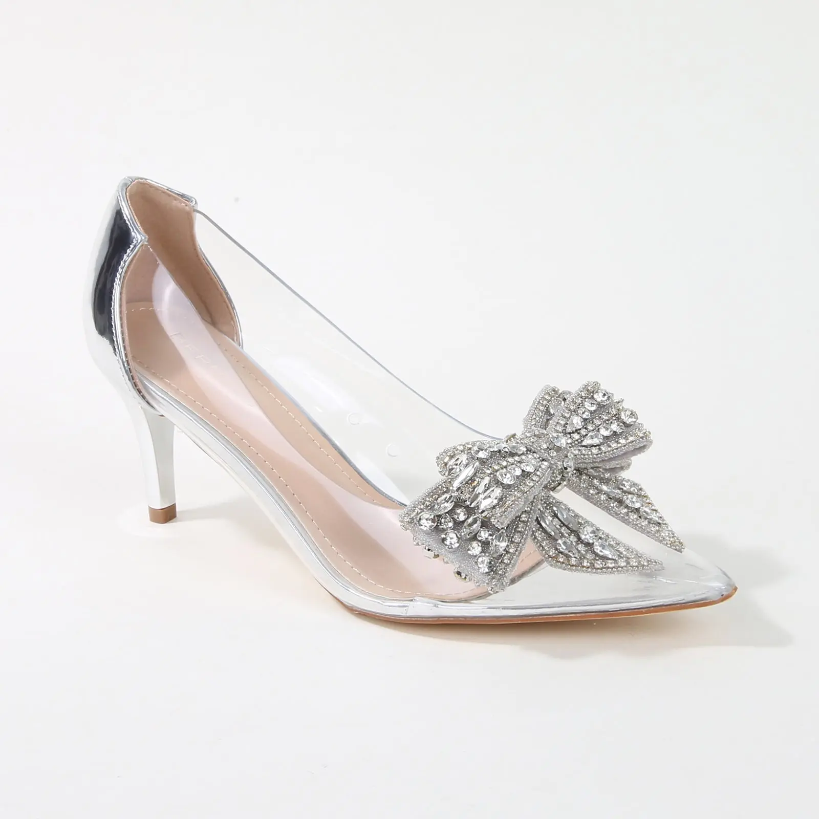 Women's Classy Formal High Heels, Nala Clear Footwear with Oversized Crystal Bow