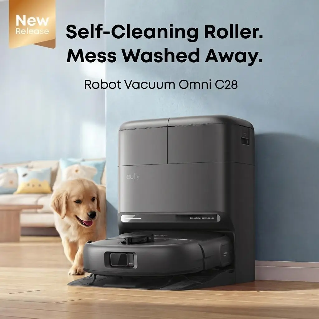 eufy C28 Robot Vacuum and Mop Combo, HydroJet Self-Cleaning Roller Mop, DuoSpiral Detangle Brush, 15,000 Pa Turbo High Suction, 5-in-1 Robot Vacuum and AI Obstacle Avoidance