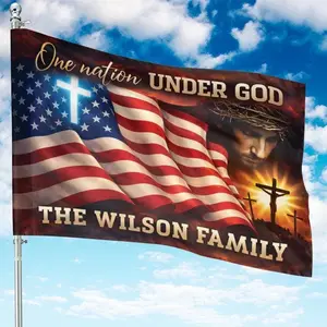 Jesus Christian Patriotic America House Flag, One Nation Under God, Custom Family Name Anniversary Garden Flag, 250 Years Blessing Religious