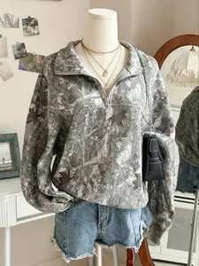Women's Street Vintage Tree Camo Full Print Half Zip Long Sleeve Hoodie Sweatshirts, Loose Fit Drop Shoulder, Fall & Winter Casual Wear
