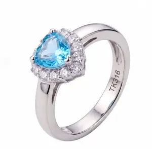 Lanyjewelry Women's Heart-Cut Blue Halo Accent Ring - TK316 Stainless Steel, Hypoallergenic, Tarnish-Proof, Swiss Blue Artificial Gemstone, Sizes 5-10, Ideal for Daily Wear
