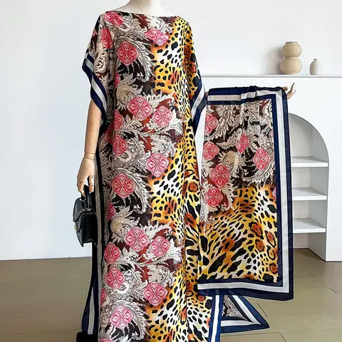 2-Piece Boho Style Set, Elegant Leopard Print Robe & Scarf, Sun Protection Silk Scarf, Women's Beachwear, All Seasons