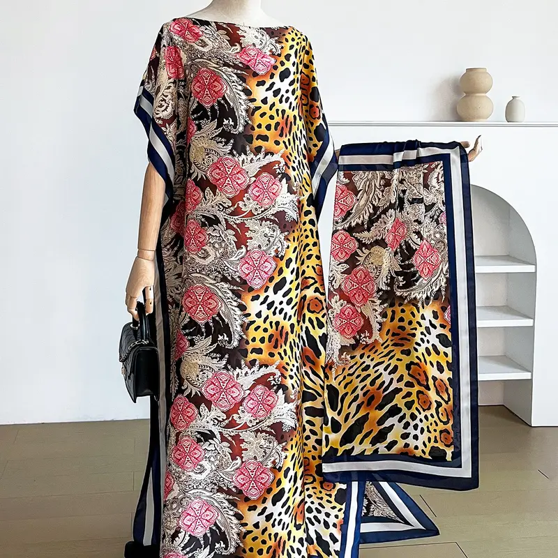 2-Piece Boho Style Set, Elegant Leopard Print Robe & Scarf, Sun Protection Silk Scarf, Women's Beachwear, All Seasons