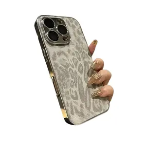 Luxury Plating Leopard Texture Leather Case For iPhone 16 15 14 Plus 13 12 11 Pro Max Lens Protection Shockproof Soft Cover Capa