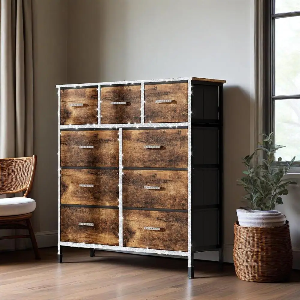 【Back to School】MUSEN Dresser with 9 Drawers, Fabric Storage Tower for Bedroom, Living Room, Hallway, Steel Frame and Wooden Top, Closet Chests Organi