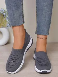 Knitted Hollow Out Breathable Sneakers, Lightweight Non-Fatigue Soft Sole Women Mom Shoes, Mid-Aged Walking Shoes, Slip-On Lazy Shoes, Casual Slip On, Breathable Slip Ons, Slip Ins Shoes