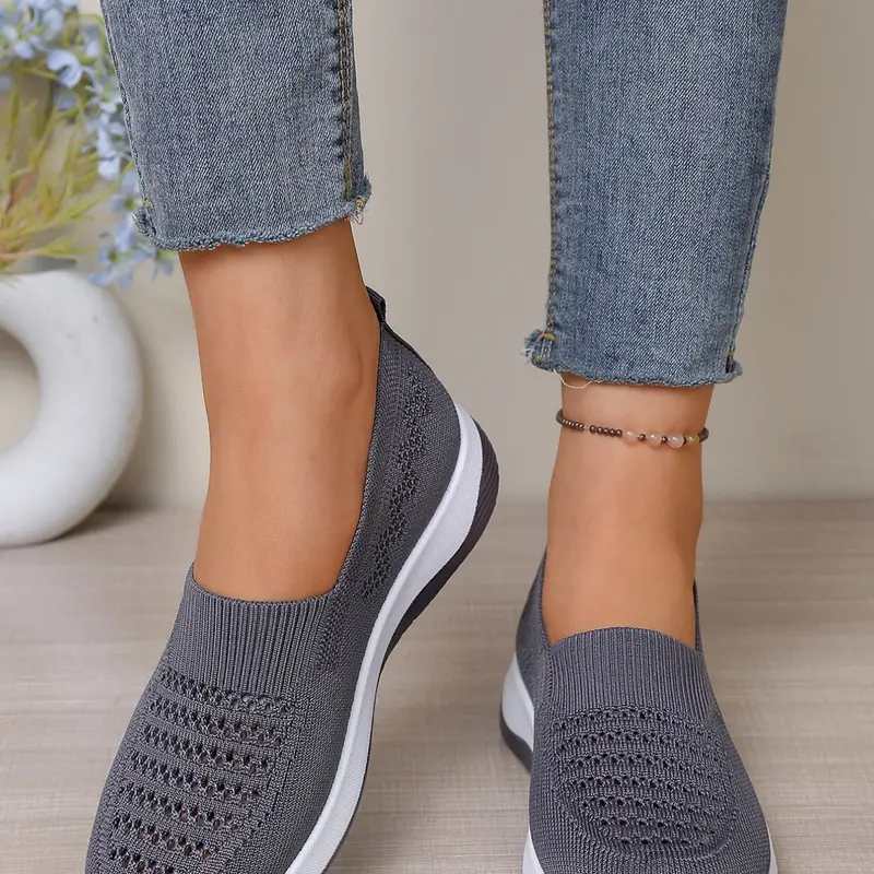 Knitted Hollow Out Breathable Sneakers, Lightweight Non-Fatigue Soft Sole Mom Shoes, Mid-Aged Walking Shoes, Slip-On Lazy Shoes, Lightweight Slip Ons