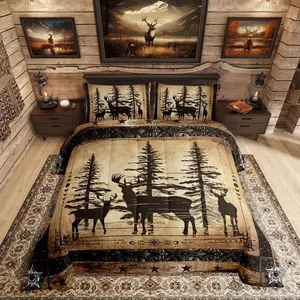 Feelyou Rustic Deer Microfiber Decorative Bedding Set - Farmhouse, Cabin, Western Woodland Black Retro Country Wildlife Animal Comforter Duvet Set, Microfiber Bedding Set