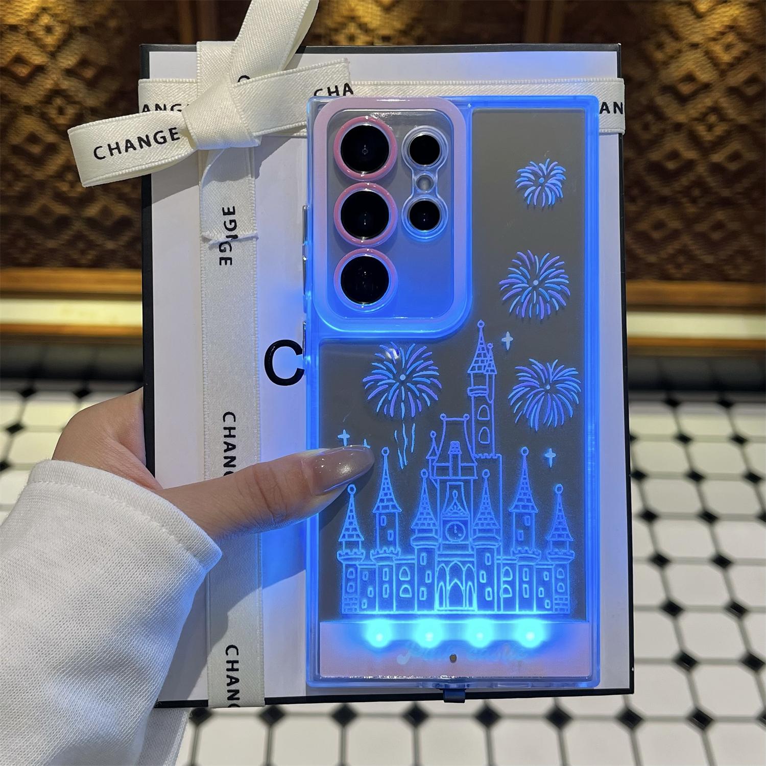 LED Fantasy Castle Fireworks Phone Case, Light up Phone Case For Samsung Galaxy S26/S25/S24 Ultra Plus,Cute Glowing Clear Phone Cover