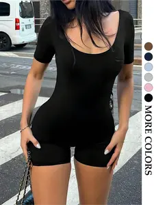 Women's U-Neck Short Sleeve Tight Jumpsuit, High Elastic Waist Slimming Bodysuit, Casual Spring & Fall Workout, Plain Pattern