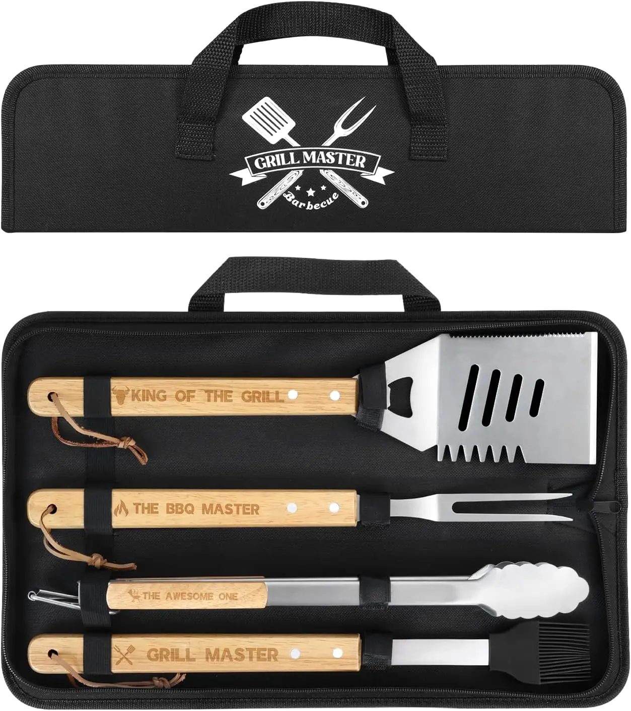 Coralogo 4PCS Sturdy Stainless Steel BBQ Grilling Utensils Set with Wood Handles - Tongs, Fork, Spatula, Brush, Portable Carrying Bag - Indoor Kitchen Accessories, Father's Day, Valentine's Day, Birthday Gifts for Dad, Stylish