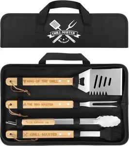 Coralogo 4PCS Sturdy Stainless Steel BBQ Grilling Utensils Set with Wood Handles, Tongs, Fork, Spatula, Brush, Portable Carrying Bag - Indoor Use, Practical Gift for Dads