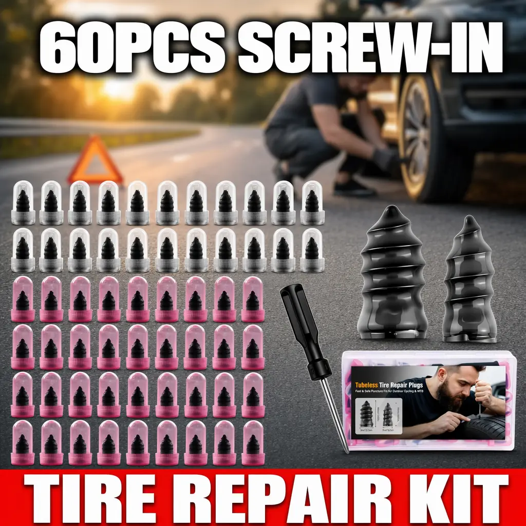 60 PCS Screw-Type Puncture Repair Kit with Rubber Nails, Self-Seal Emergency Flat Tire Plug Tools, Universal Fit for Car, Truck, Tractor, RV, Motorcycle, Bicycle, Tractors