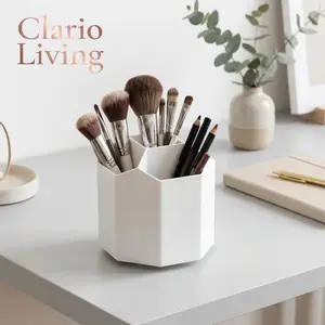 Clario "Pure" 360° Rotating Makeup Brush Holder — 5-Slot Aesthetic Vanity Organizer for Stationery and Cosmetics. This Open-Top White Spin Vault is Perfect for Desk Reset and Clean Girl Room Decor. High-End Brush Sanctuary Stand