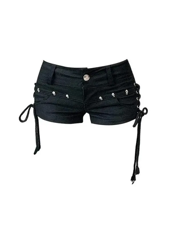 Y2K Gothic Black Low Rise Denim Shorts – Vintage Harajuku Hot Pants for Women
