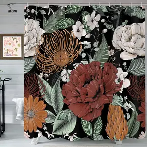 Floral Pattern Shower Curtain, Waterproof Shower Curtain with 12 Hooks, Bathroom Decor Supplies for Home Hotel Salon Dormitory, Bathroom Shower Equipment