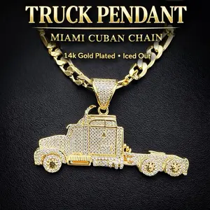14K Gold Iced Out Hip Hop Premium Truck Pendant Charm Cuban Upgraded Necklace Full CZ Piece For Daily Use