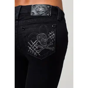 MissMe Jax Fleur Bootcut Jeans - Black Low-Rise Sculpting Bootcut, Y2K Dark Punk Aesthetic with Skull Embroidery, Fleur-De-Lis Appliqué & Rhinestone Rivets