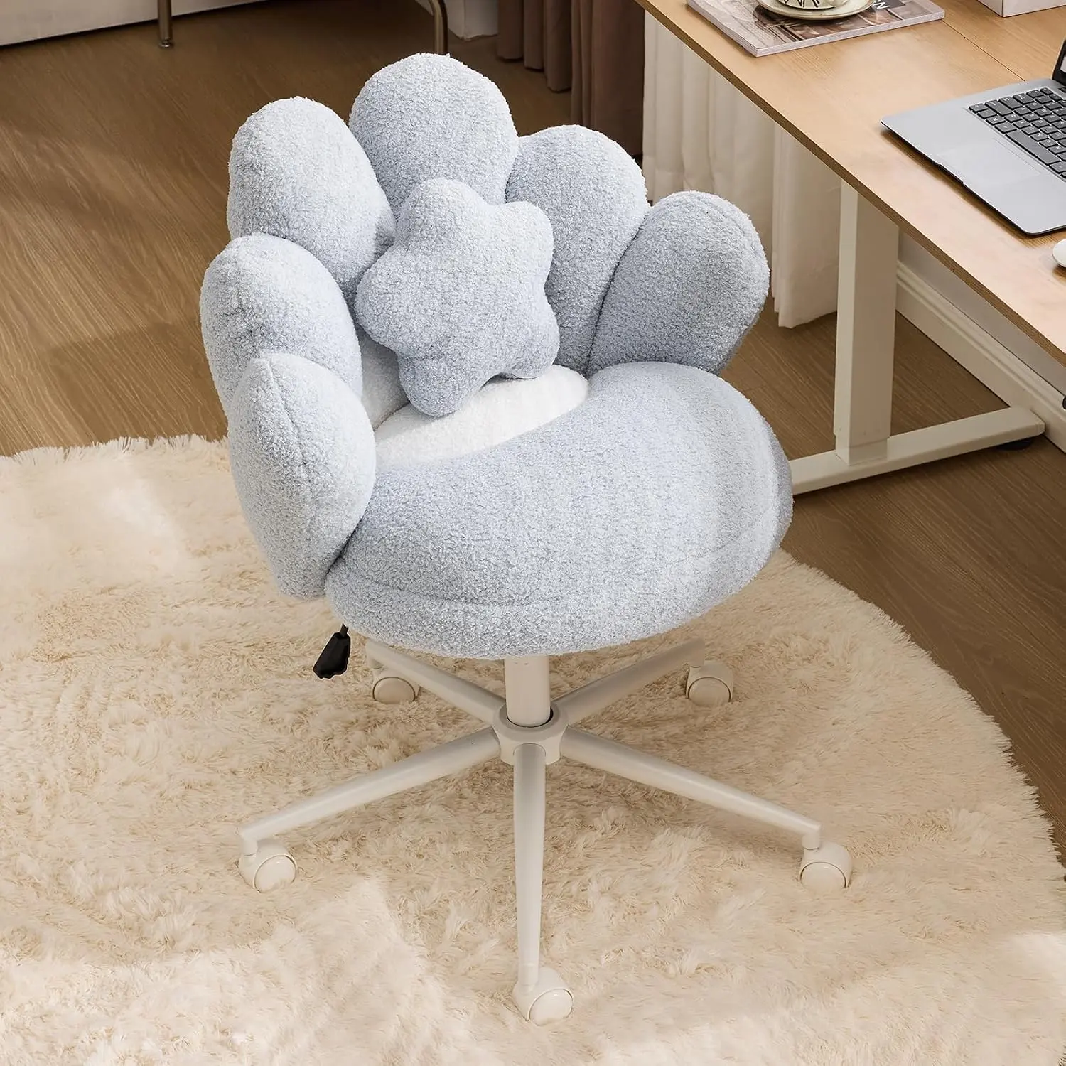 Karlhome Lovely Petal Vanity Desk Chair with Star Pillow, Height Adjustable Armless Swivel Chair in Vibrant Color-Blocking, Modern Computer Task Chair for Bedroom & Home Office, Teddy Fleece,Blue, Chair For Desk
