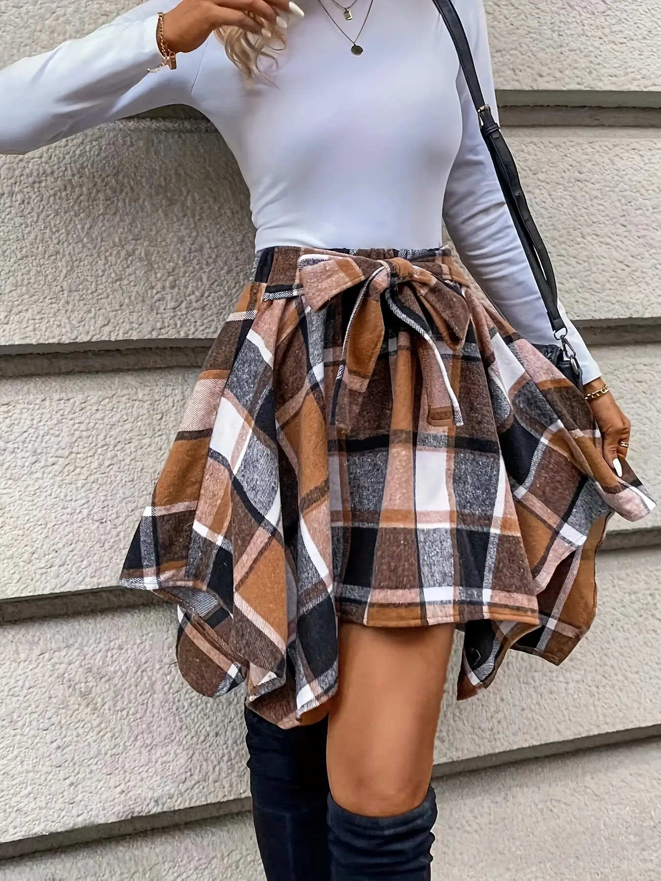Women's Vintage Plaid Asymmetrical Hem Skirt Bottoms, Casual Skirts, Bow High Waist Tie Belt, Casual Feminine Fashion for Fall & Winter, Everyday Wear, Womenswear