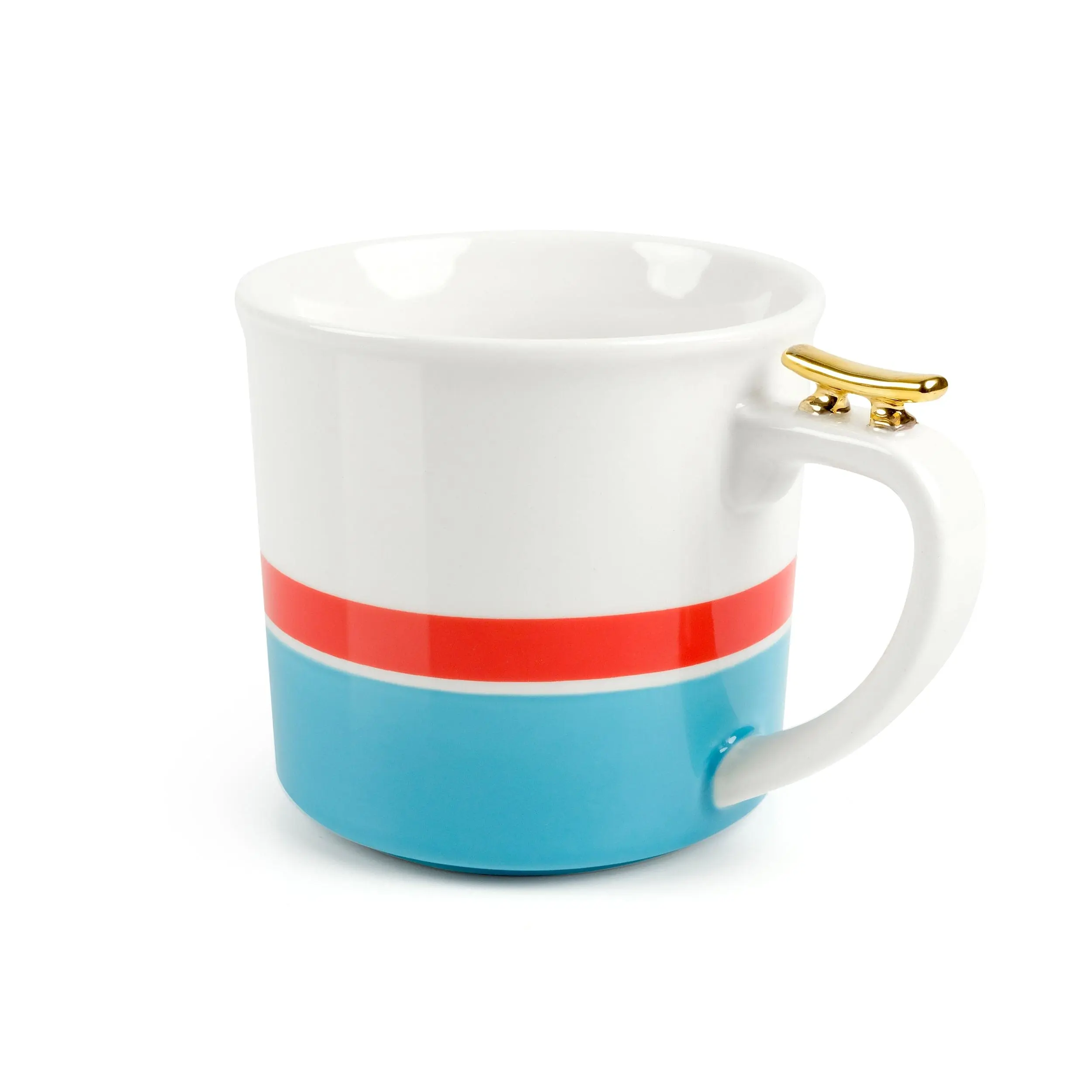 HIGH TIED Nautical Tea Mug, 12oz Ceramic Mug with metallic gold "boat hitch", Summer nautical stripe design