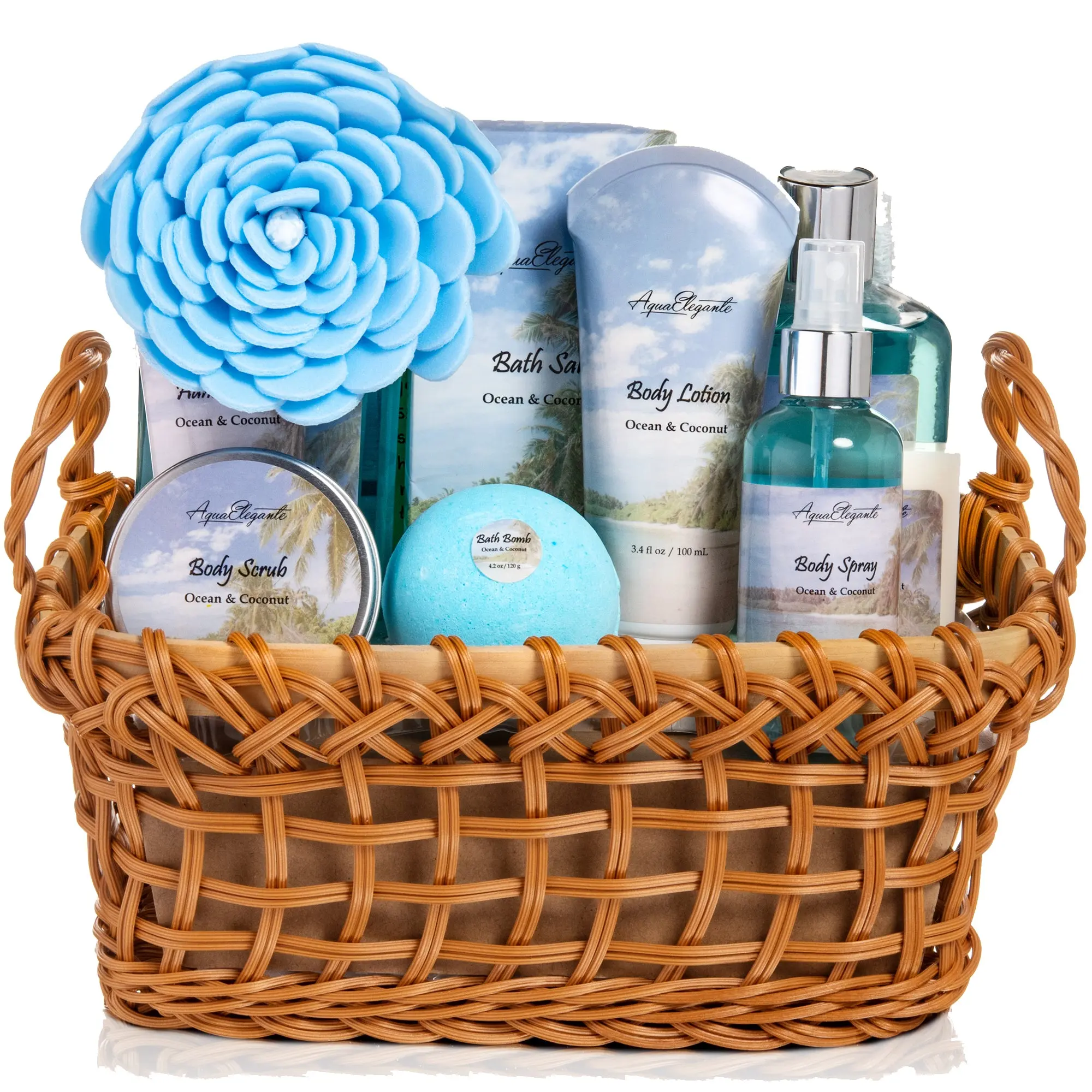 Aqua Elegante Spa Basket For Women - Deluxe Bath Set with Wash, Bubble Bath, Lotion, Salts, Body Scrub, Towel, Shower Puff, Bathbombs, Reusable Basket, Gifts for Mom, Wife, Her