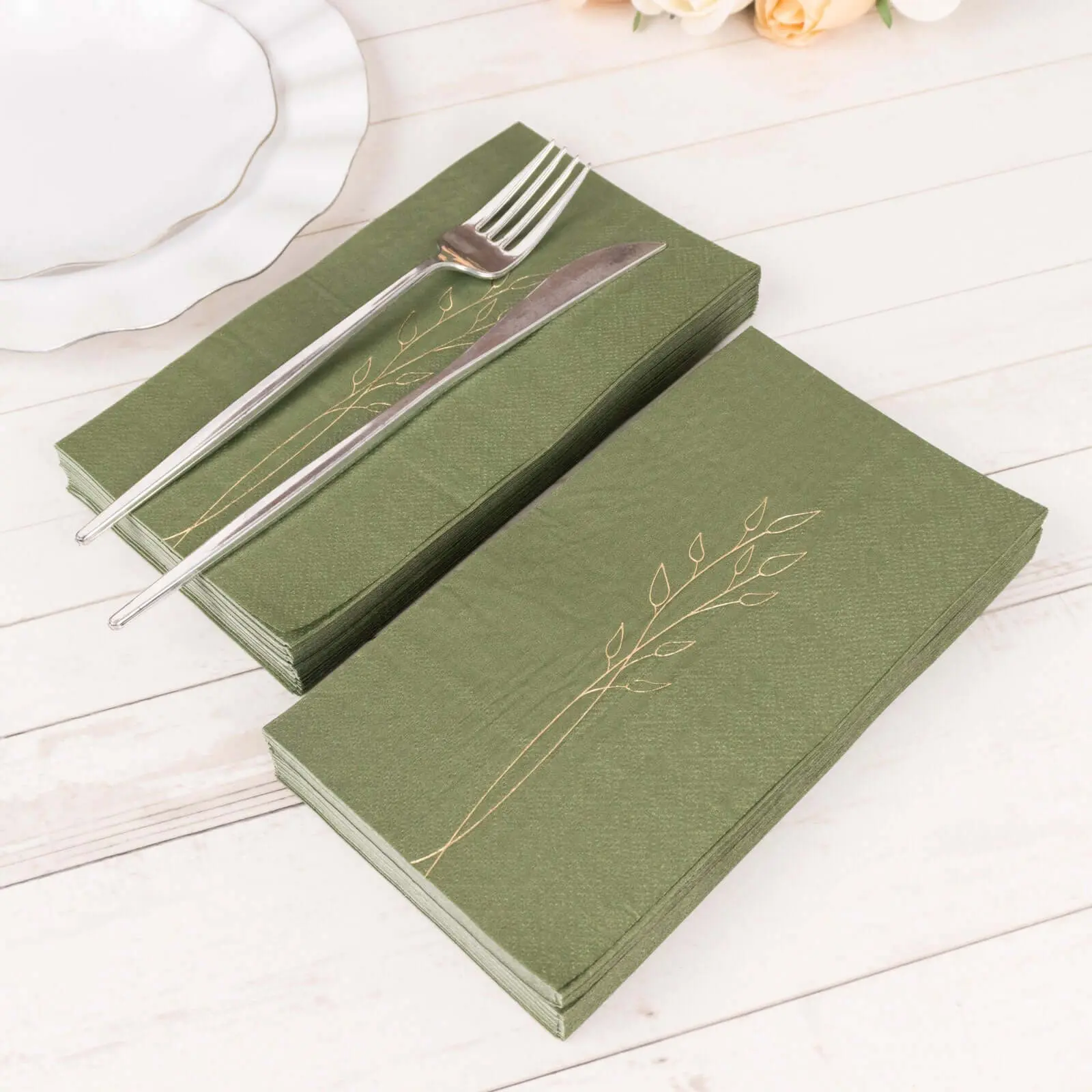 50-Pack 2-Ply Disposable Paper Dinner Napkins - Dusty Sage Green, Gold Embossed Leaf, 18GSM Stylish for Weddings, Anniversaries, Special Occasions (Home & Festive Party Disposable Tableware)