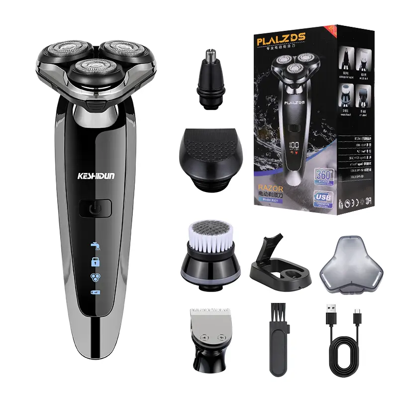 Men's electric shaver, 5-in-1 nose hair trimmer, USB charging portable electric razor, 3D floating blade, digital display rotating razor beard machine, suitable for contouring, dry and wet dual-purpose