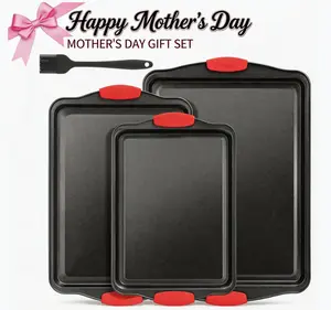 LOVEWE 3PCS Nonstick Kitchen Oven Baking Pans - Premium & Stylish Non-Stick Steel, Commercial Grade Restaurant Quality Metal Bakeware with Red Silicone Handles - Easy to Clean outdoorfun