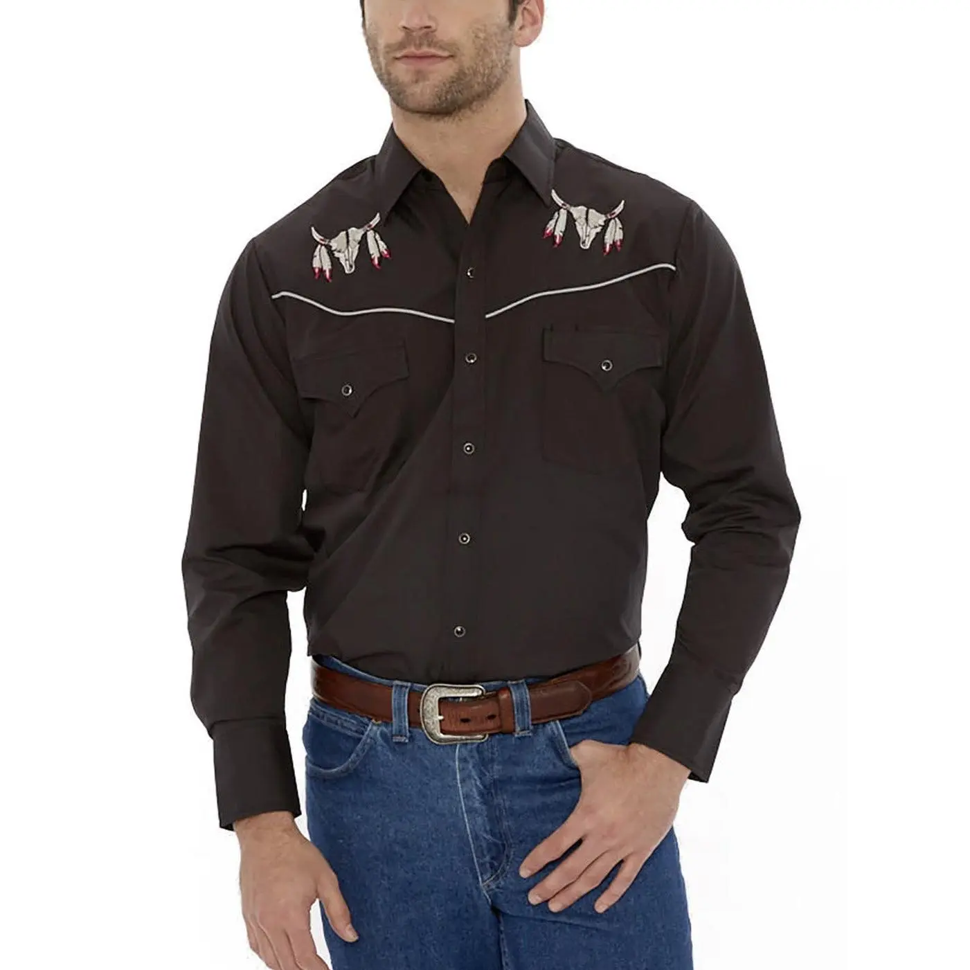 Men's Ely Cattleman Long Sleeve Western Snap Cowboy Shirt - Embroidered Cow Skull/Cow Head Design, Casual American Cowboy Style, American Cowboy Men's Casual Shirts